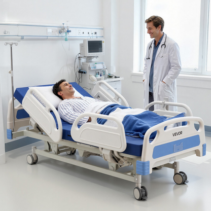 Start2Finish VEVOR electric hospital bed with adjustable head, foot, Trendelenburg, locking casters, and high-density mattress
