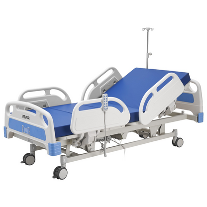 Start2Finish VEVOR electric hospital bed with adjustable head and foot, high-density mattress, locking casters, and Trendelenburg function.