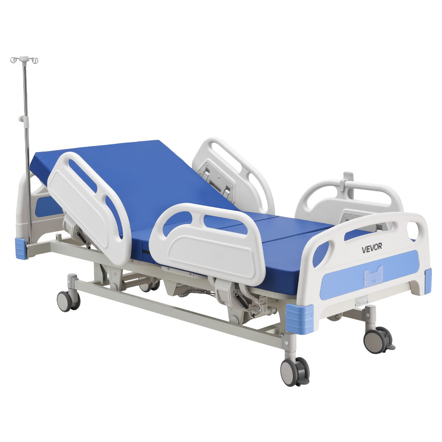 Start2Finish VEVOR electric hospital bed with high-density mattress, 5 function ICU medical bed, lockable casters, and Trendelenburg options.