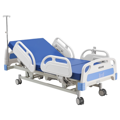 Start2Finish VEVOR electric hospital bed with high-density mattress, 5 function ICU medical bed, lockable casters, and Trendelenburg options.