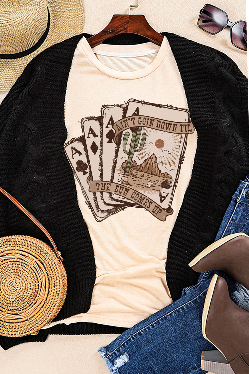 Carmine Juneberry khaki Western poker cards graphic T-shirt featuring a bold card suit design on the front.
