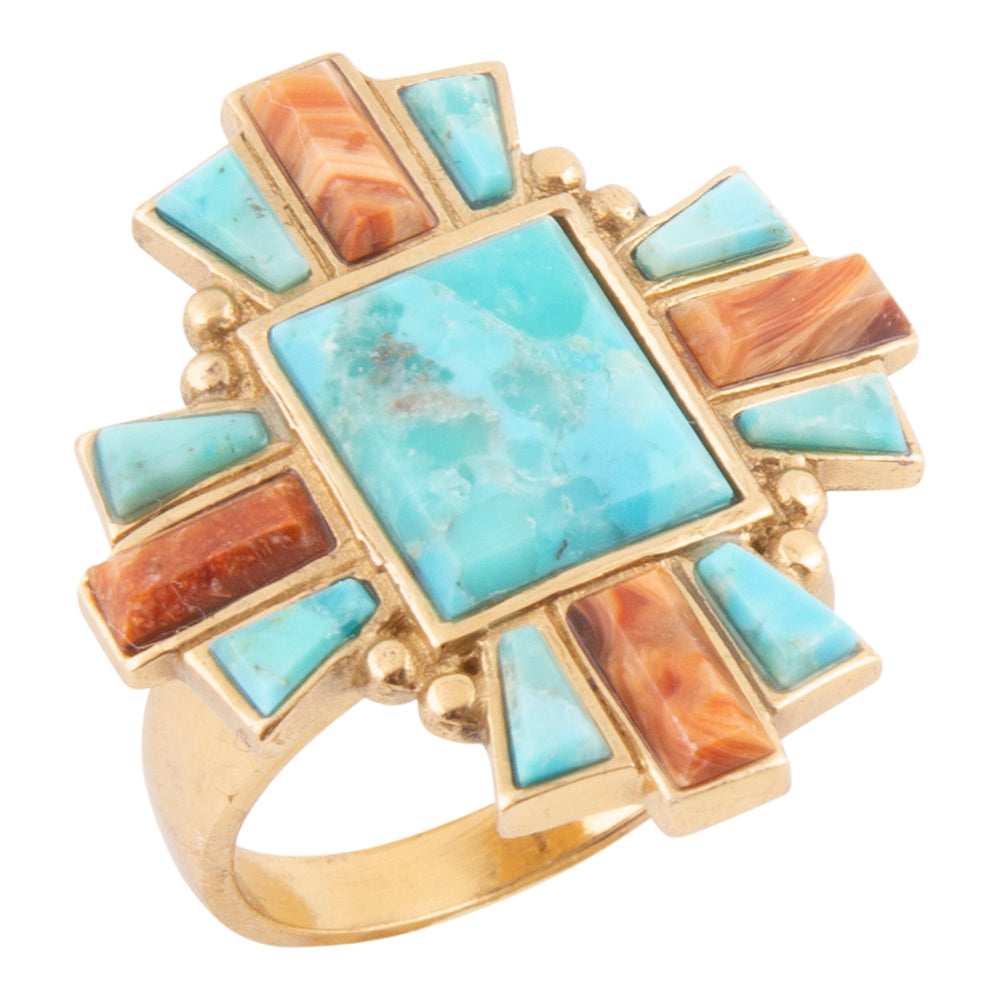Start2Finish Santa Fe Blue Turquoise and Golden Jewelry statement ring with intricate design and vibrant turquoise accents.