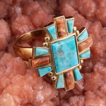 Start2Finish Santa Fe Blue Turquoise and Gold Statement Ring showcasing vibrant turquoise and intricate gold design.