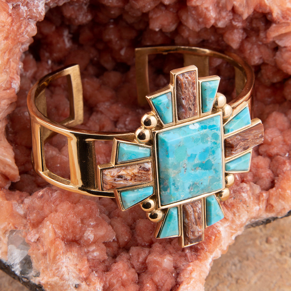 Start2Finish Santa Fe Blue Turquoise and gold statement cuff bracelet with intricate jewelry design and bold colors.