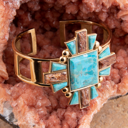 Start2Finish Santa Fe Blue Turquoise and gold statement cuff bracelet with intricate jewelry design and bold colors.