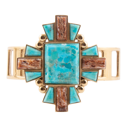 Start2Finish Santa Fe Blue Turquoise and Golden Jewelry cuff bracelet featuring intricate design and vibrant color details.