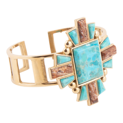 Start2Finish Santa Fe Blue Turquoise and Gold Statement Cuff Bracelet featuring intricate jewelry design and vibrant turquoise accents.