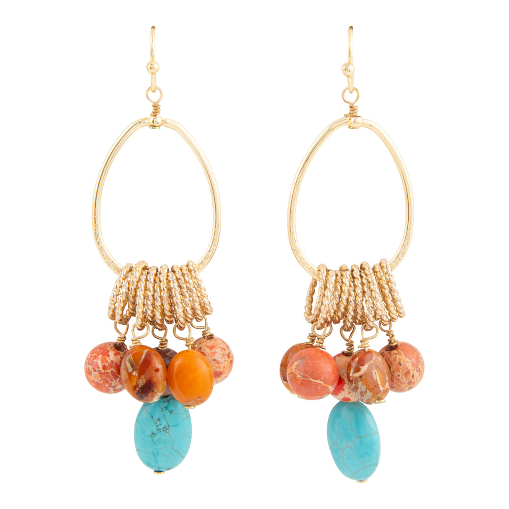 Canyon Blue Magnesite and Orange Jasper chandelier earrings with gold accents, featuring vibrant gemstone dangles and intricate design.