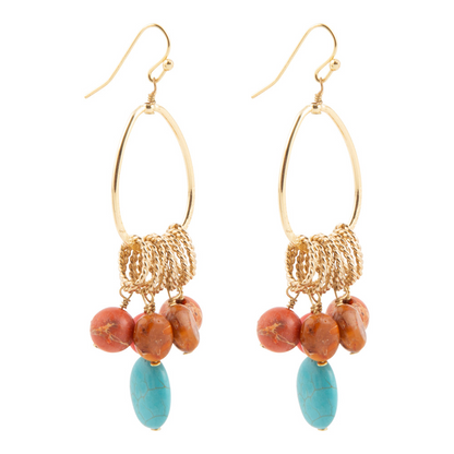 Start2Finish Canyon Blue Magnesite and Orange Jasper chandelier earrings with gold accents, showcasing vibrant blue and orange gemstone beads.