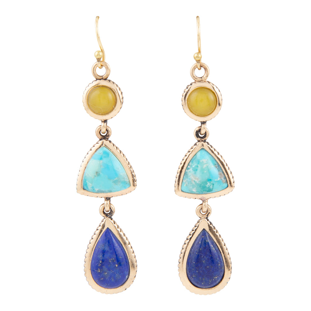 Yellow quartz and blue turquoise drop earrings from Start2Finish featuring gold-toned jewelry with vibrant gemstone accents.