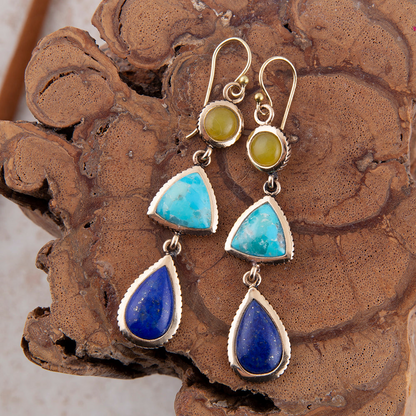 Yellow quartz and blue turquoise golden drop earrings in jewelry style, featuring elegant gold accents and vibrant gemstone details.