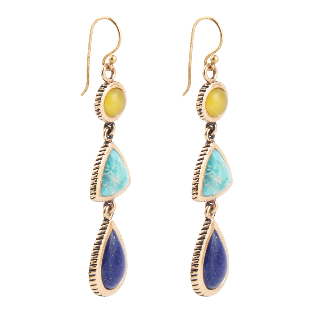 Yellow quartz and blue turquoise golden drop earrings in jewelry style, featuring elegant gemstone pendants and gold accents.