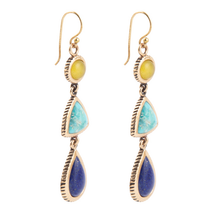 Yellow quartz and blue turquoise golden drop earrings in jewelry style, featuring elegant gemstone pendants and gold accents.