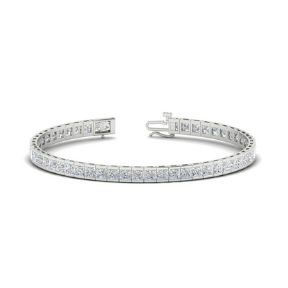 Start2Finish 6.00 CTW created moissanite princess cut half bezel tennis bracelet in 14K gold over sterling silver, showcasing sparkling stones.
