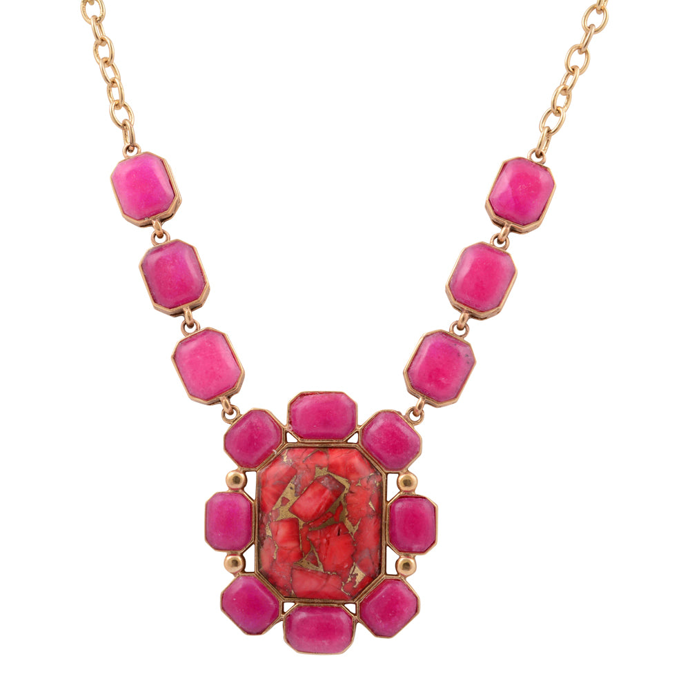 Dual red magnesite and pink quartz golden statement necklace with intricate jewelry design by Start2Finish.