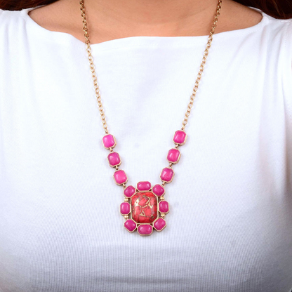 Start2Finish jewelry featuring a dual red magnesite and pink quartz golden statement necklace with intricate beaded design.
