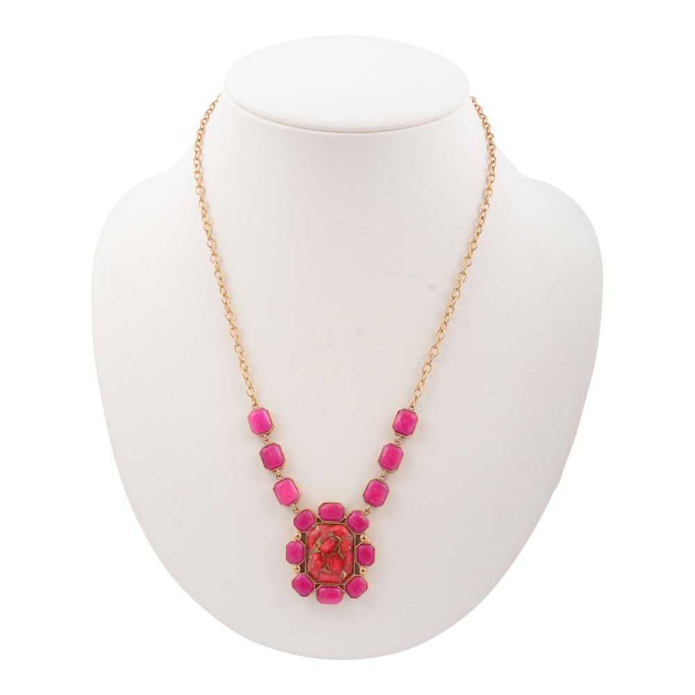 Start2Finish jewelry featuring a statement necklace with red magnesite, pink quartz beads, and gold accents.