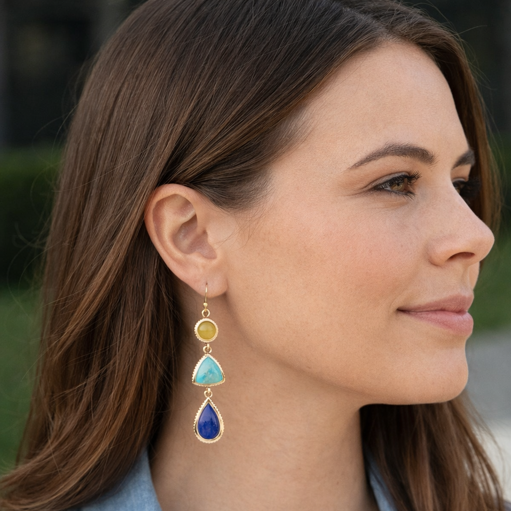 Yellow quartz and blue turquoise golden drop earrings in jewelry style featuring vibrant gemstones and elegant gold hooks.