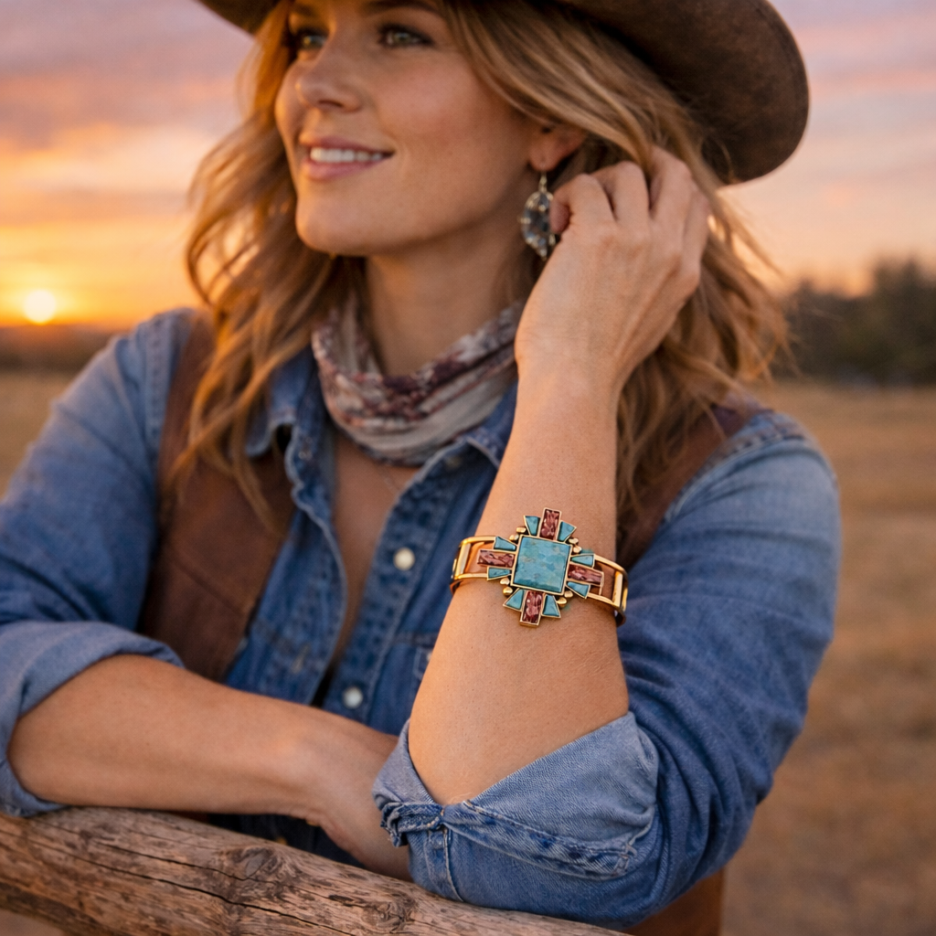 Start2Finish Santa Fe Blue Turquoise and gold statement cuff bracelet featuring intricate jewelry design and vibrant gemstone details.