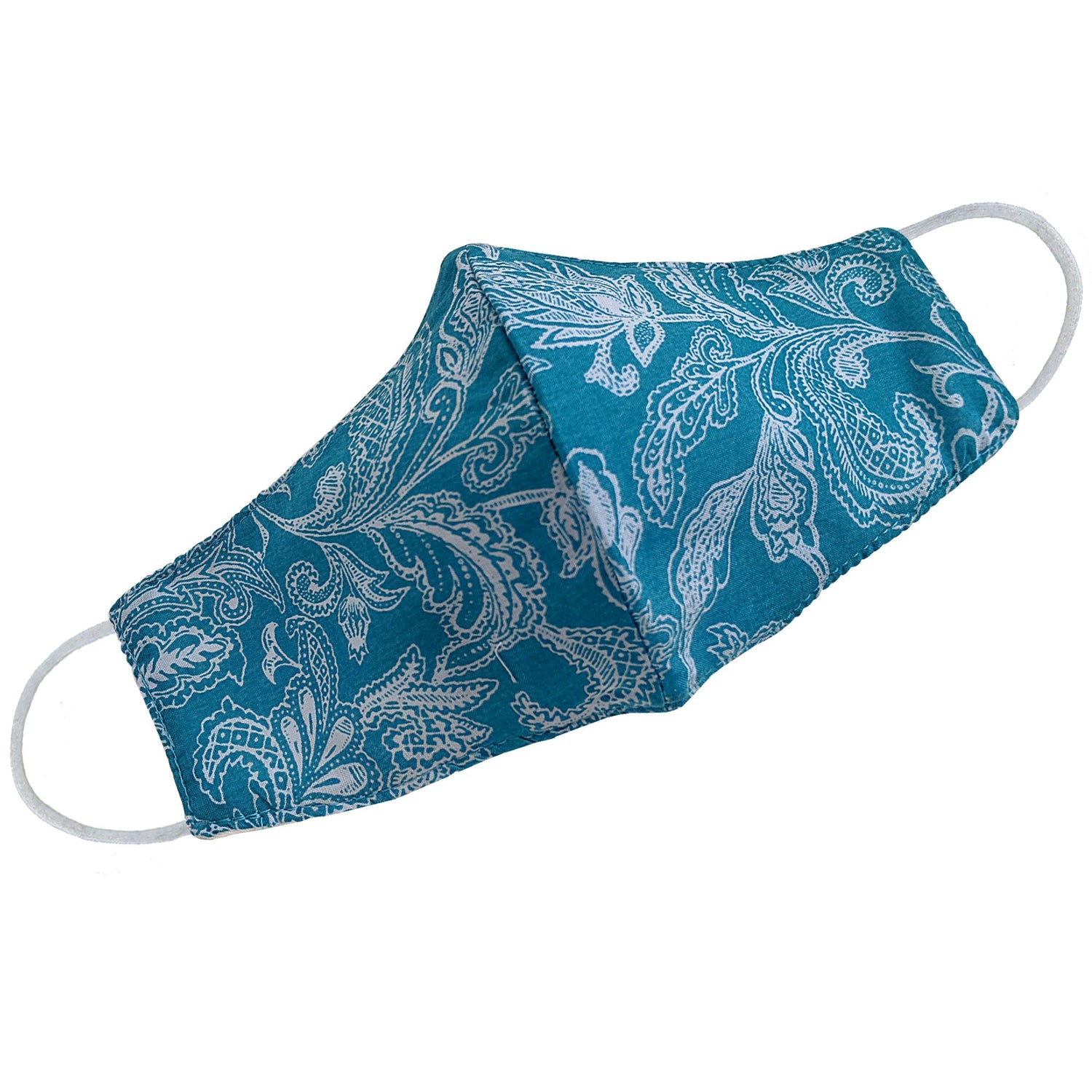 Turquoise paisley floral face mask for women by Cyan Poppy, featuring white paisley and floral pattern, comfortable fabric design.