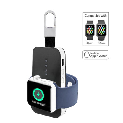 Salmon Lucky Apple Watch wireless charger power bank on keychain, compact tech accessory with charging cable and keyring attachment.