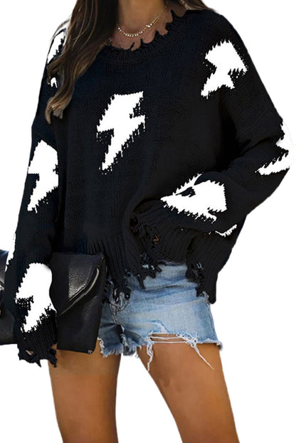 Blacki distressed knit bolt sweater by Harlequin Daisy, featuring a cozy, textured black knit fabric and stylish distressed details.