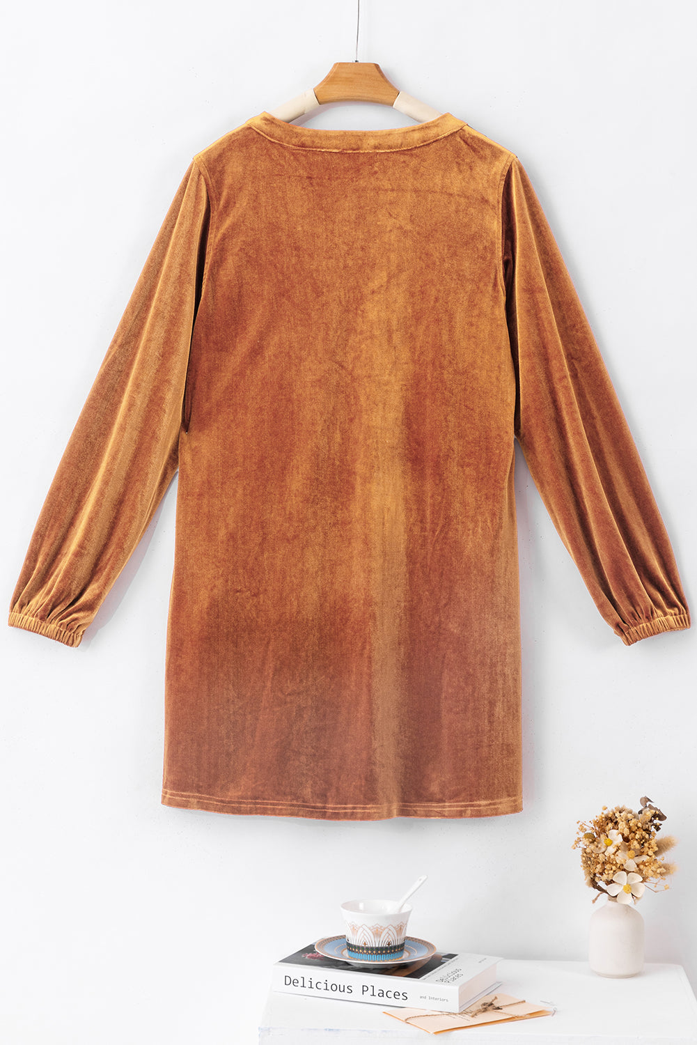 Velvet tunic dress with split neckline in chestnut color, designed by Harlequin Daisy, perfect for stylish bath and beauty wear.