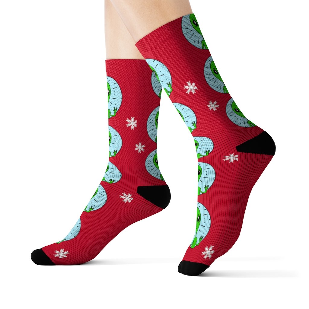Yellow Pandora holiday weird alien socks featuring colorful alien and space-themed designs on soft, comfortable sock material.
