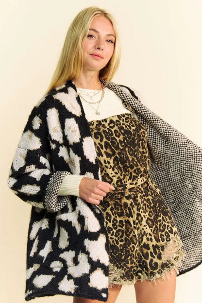 Leopard print open front long sleeve cardigan by Pear Daisy from Davi &amp; Dani, perfect for cozy home and garden style.