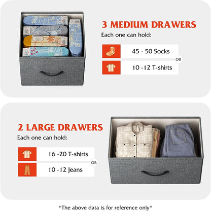 Peach Maple fabric dresser organizer with five drawers, ideal for bedroom storage and organization.