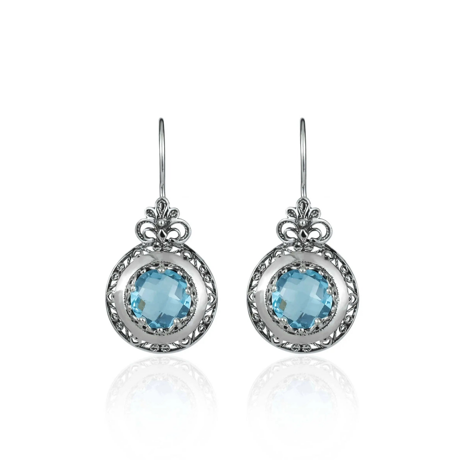Silver drop earrings with blue topaz gemstones and intricate filigree floral design for women, elegant jewelry by Start2Finish.