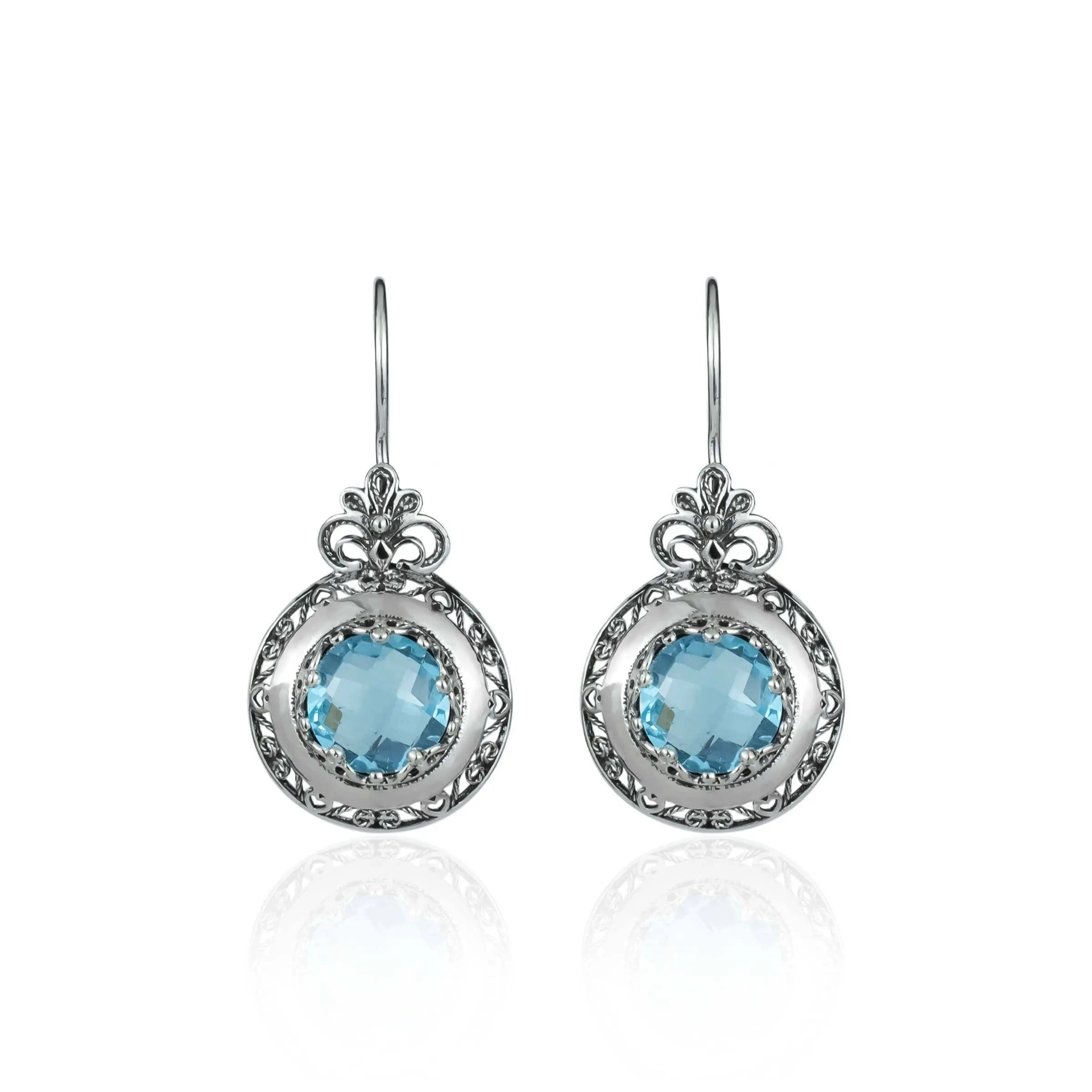 Silver drop earrings with blue topaz gemstones and intricate filigree floral design for women, elegant jewelry by Start2Finish.