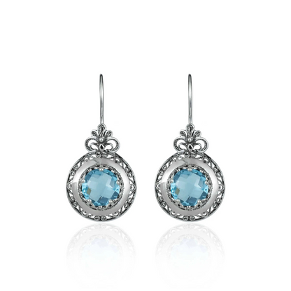 Silver drop earrings with blue topaz gemstones and intricate filigree floral design for women, elegant jewelry by Start2Finish.