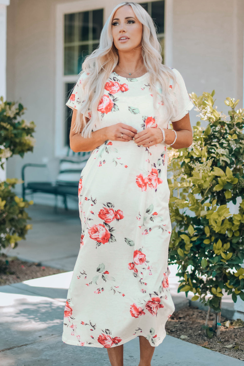 White floral print side slit T-shirt dress by Harlequin Daisy, casual bath and beauty fashion with a relaxed fit and stylish design.