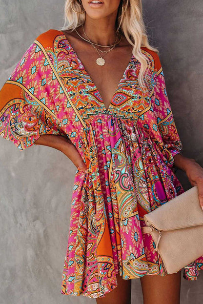 Multicolour V-neck bohemian vintage print mini dress with 3/4 sleeves, by Lavender Pallas, women&