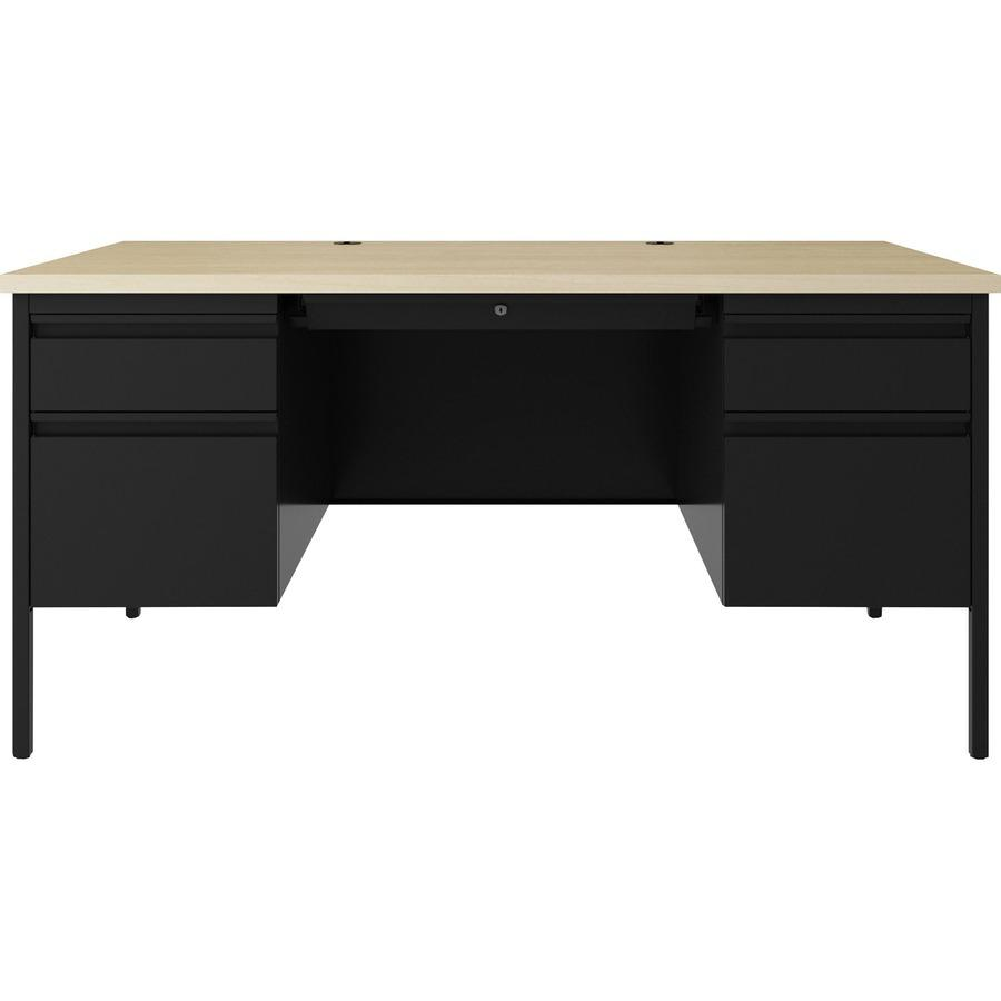 Lorell Fortress Series black steel double-pedestal desk with 60-inch top, file drawers, square edges, and modesty panel.