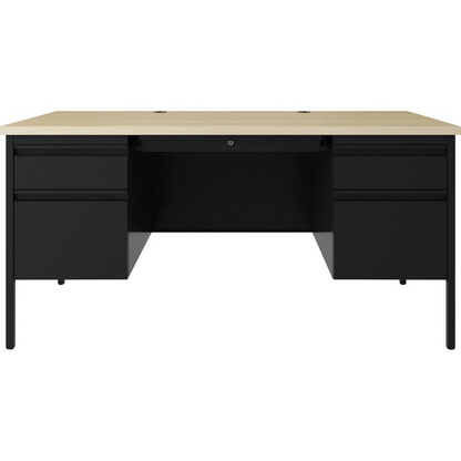 Lorell Fortress Series black steel double-pedestal desk with 60-inch top, file drawers, square edges, and modesty panel.