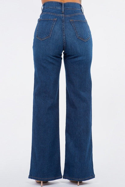 Dark blue Olivia wide leg jeans by Jade Icarus, showing the relaxed fit and stylish denim fabric.