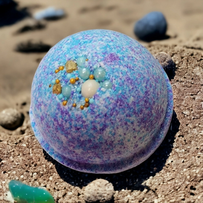 Start2Finish Sea Glass Bath Bomb with vibrant blue and green swirling colors, perfect for relaxing bath &amp; body skincare.