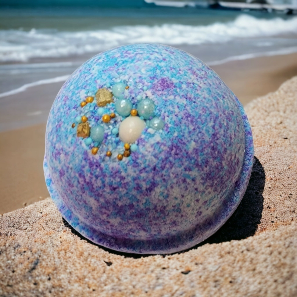 Start2Finish Sea Glass Bath Bomb for Bath &amp; Body, round with blue and green swirls, designed for relaxing bath experiences.