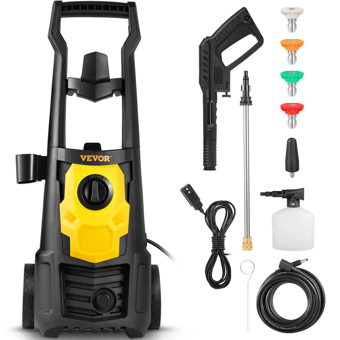 Start2Finish VEVOR Electric Pressure Washer with 2000 PSI, 30 ft hose, nozzles, foam cannon, for cleaning patios, cars, and driveways.