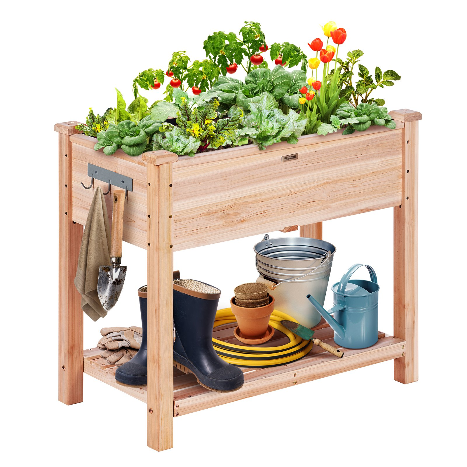 Start2Finish VEVOR raised garden bed in burlywood, 34x18x30 inches, wooden planter box with legs for outdoor flowers, vegetables, herbs.