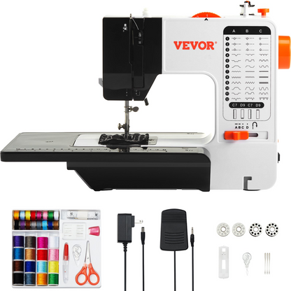 Start2Finish VEVOR portable sewing machine with 38 stitches, reverse sewing, extension table, foot pedal, and accessory kit for home use.