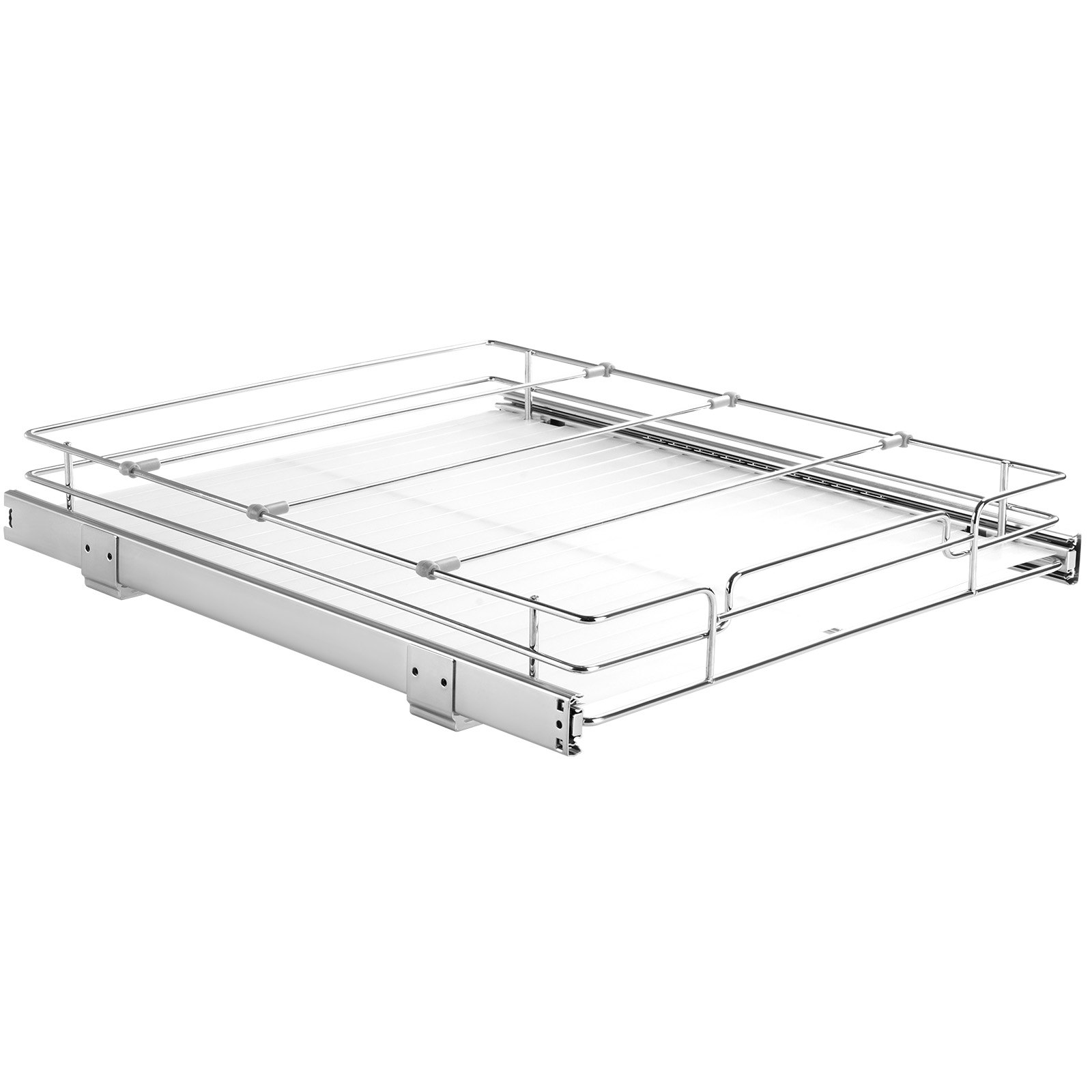 Start2Finish VEVOR 15.5-inch wide pull-out cabinet organizer with steel slide-out shelves and drawers for kitchen storage.