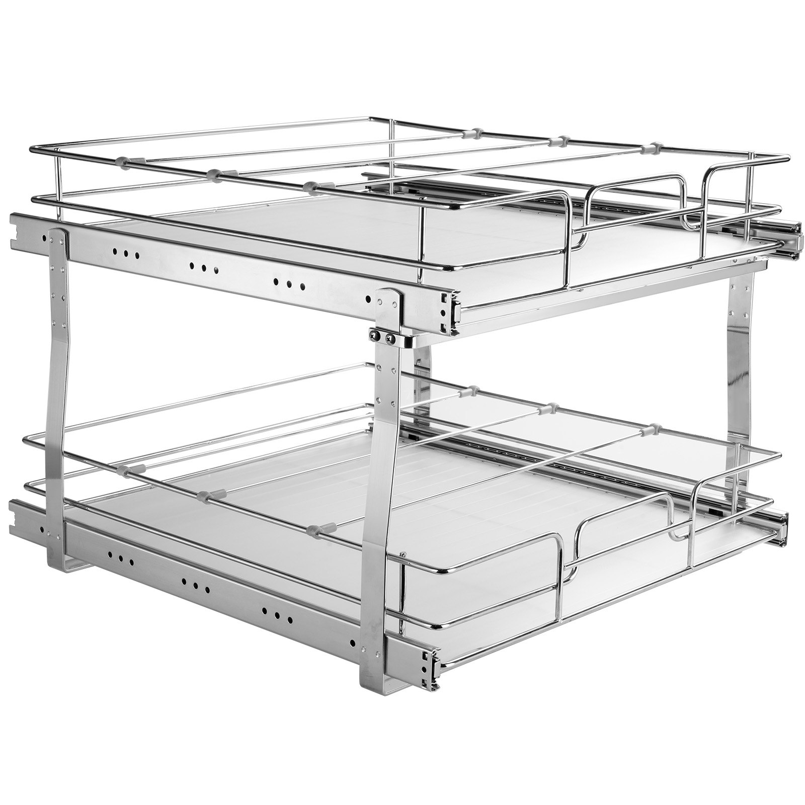 Start2Finish VEVOR 2-tier pull-out cabinet organizer with heavy-duty steel shelves and slide-out drawers for kitchen storage.