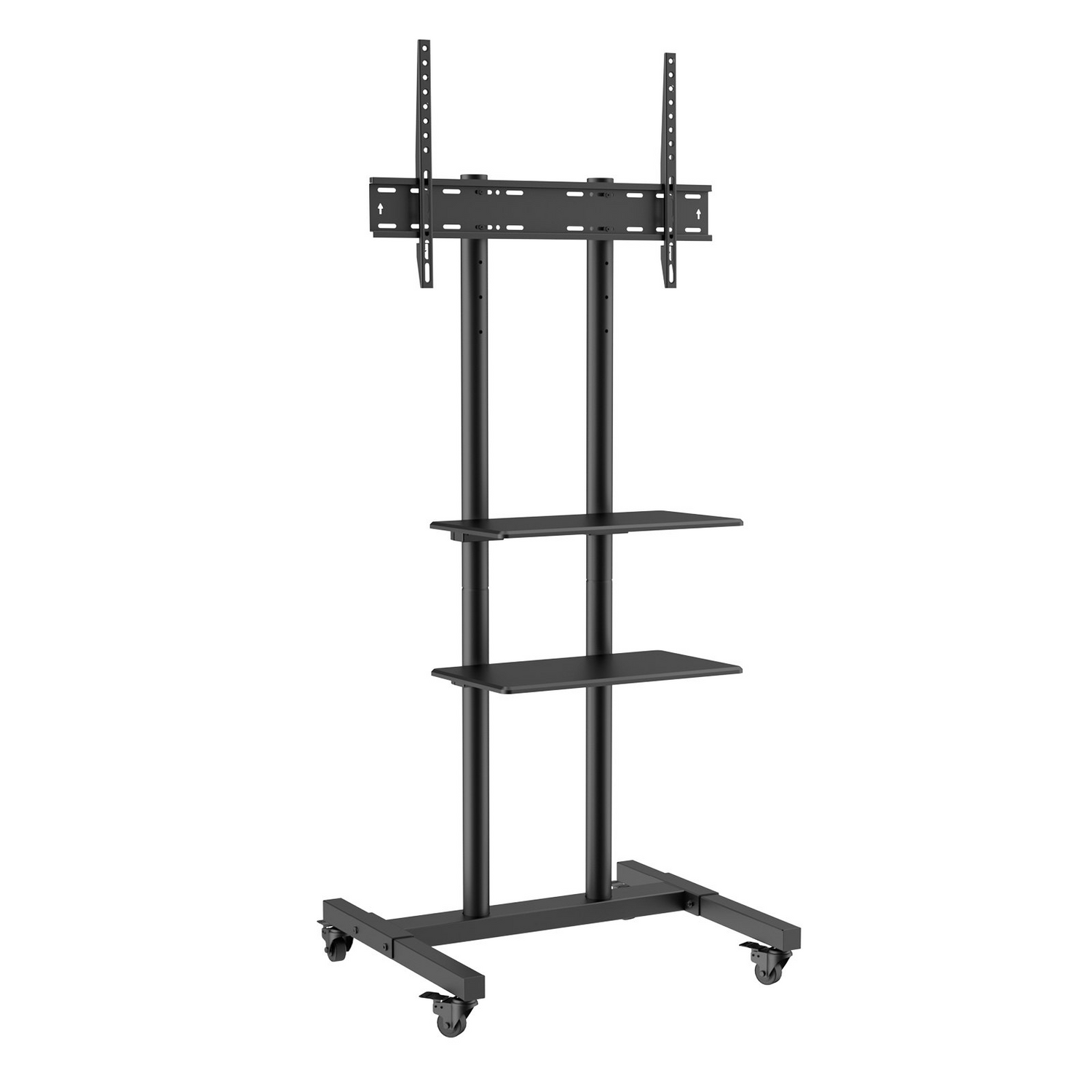 Start2Finish VEVOR mobile TV stand with adjustable height, wheels, double tray, suitable for 32-70 inch TVs, ideal for living room.