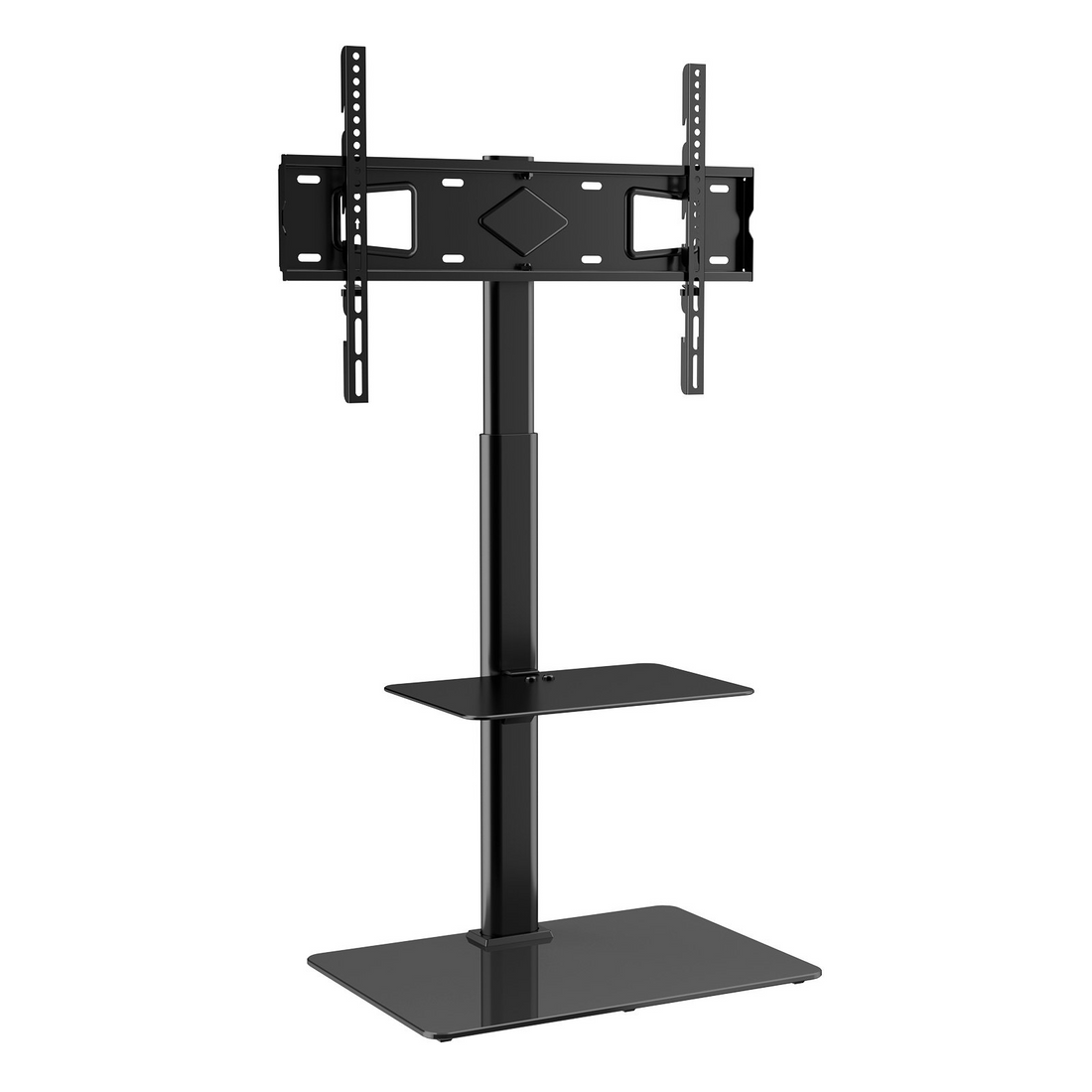 Start2Finish VEVOR TV stand mount for 32-65 inch TVs, height adjustable with tempered glass base in a living room setting
