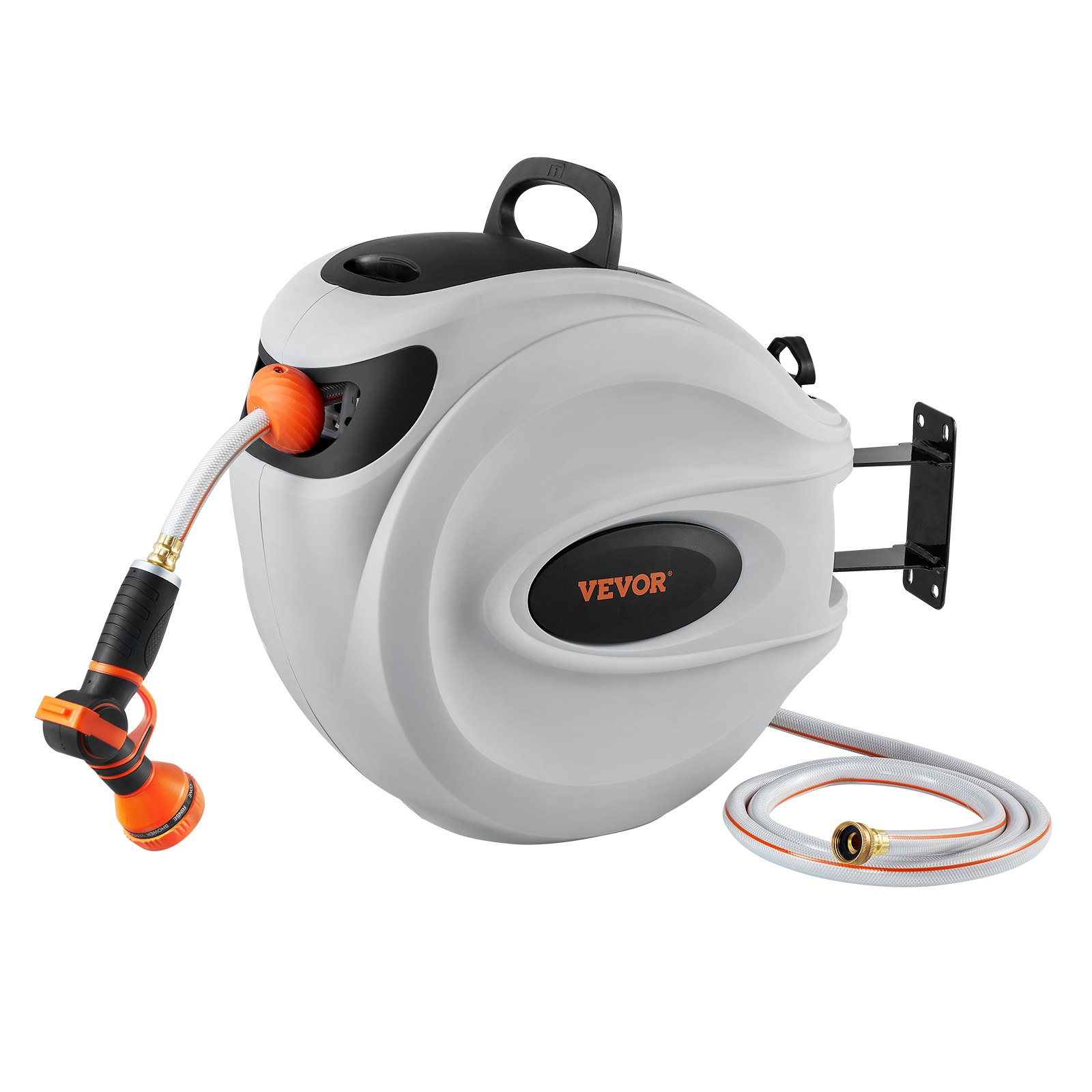Start2Finish VEVOR 130 ft retractable garden hose reel with 9-pattern nozzle, wall mount, automatic rewind, and slow return system.