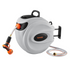 Start2Finish VEVOR 130 ft retractable garden hose reel with 9-pattern nozzle, wall mount, automatic rewind, and slow return system.