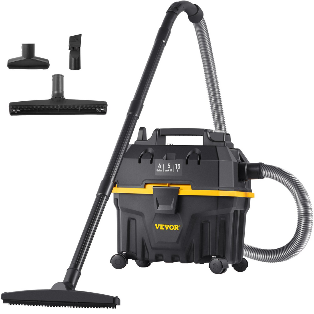Start2Finish VEVOR 4-gallon wet dry shop vacuum with 5 HP, portable attachments, blowing function, black and yellow color.